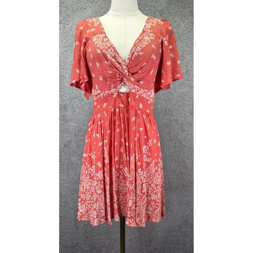 Angie Womens Orange Floral Dress Medium Fit & Flare Feminine Fairy Boho Resort
